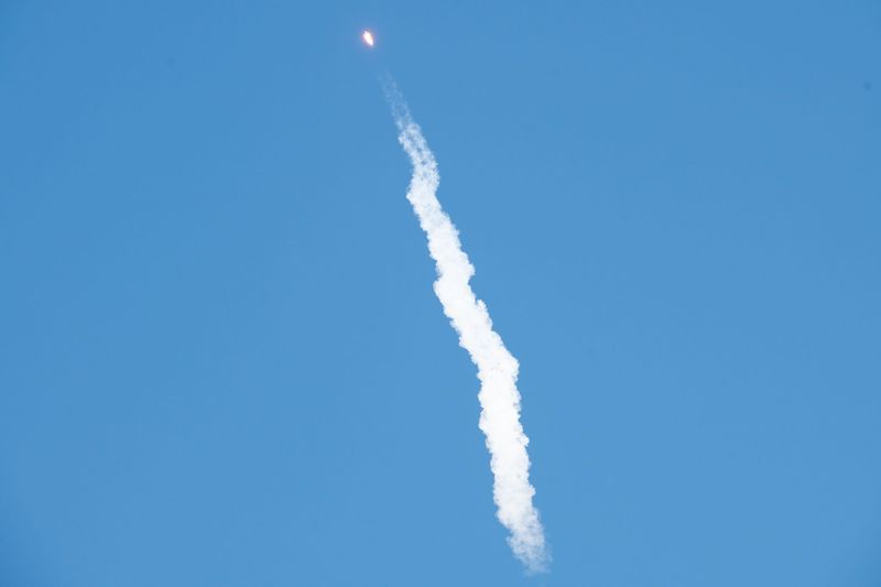 A SpaceX Falcon 9 rocket climbs into the sky after launching May 19 from the Vandenberg Space Force Base in California on a mission to deploy the company's Starlink internet satellites.