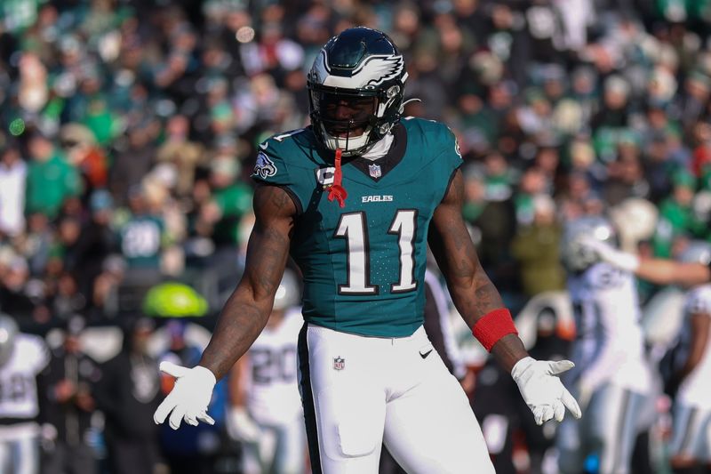 Dec 14, 2025; Philadelphia, Pennsylvania, USA; Philadelphia Eagles wide receiver A.J. Brown (11) reacts after an unsuccessful play against the Las Vegas Raiders during the second quarter at Lincoln Financial Field. Mandatory Credit: Bill Streicher-Imagn Images