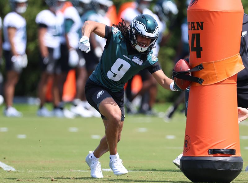 May 1, 2026; Philadelphia, PA, USA; Philadelphia Eagles wide receiver Makai Lemon (9) runs drills during rookie minicamp at NovaCare Complex. Mandatory Credit: Bill Streicher-Imagn Images