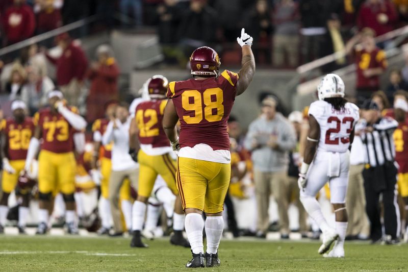 Dec 1, 2017; Santa Clara, CA, USA; USC Trojans defensive tackle Josh Fatu (98) reacts in the game against the Stanford Cardinal in the third quarter of the Pac-12 Conference championship game at Levi's Stadium. Mandatory Credit: John Hefti-USA TODAY Sports