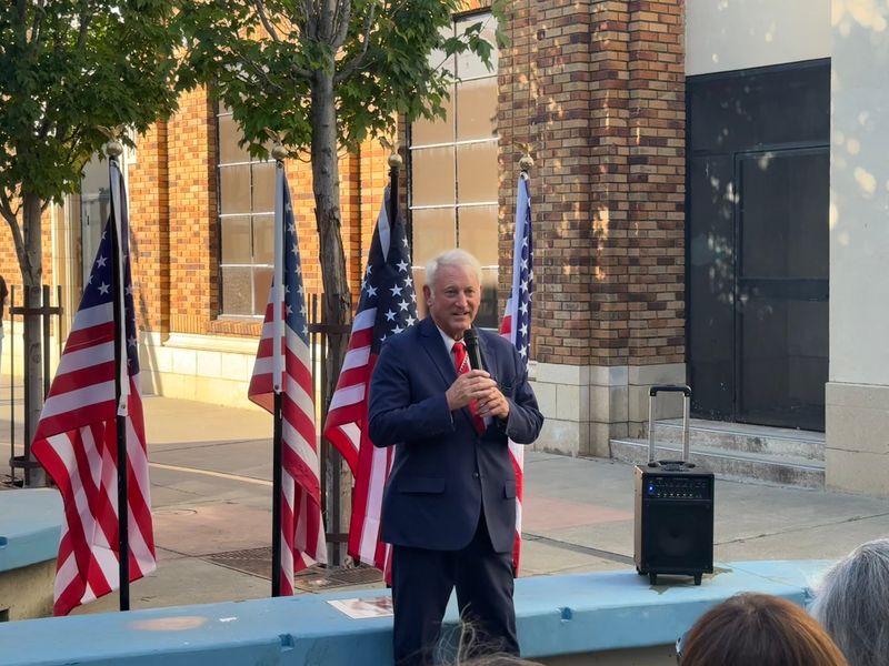 Clint Curtis at a press conference held outside the Market Street elections office on May 21, 2026.