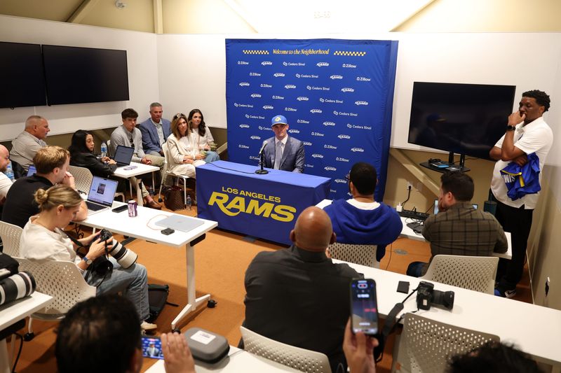 Apr 24, 2026; Inglewood, CA, USA; Los Angeles Rams first-round draft pick Ty Simpson speaks to media during a press conference at Code Next at Hollywood Park. Mandatory Credit: Kiyoshi Mio-Imagn Images