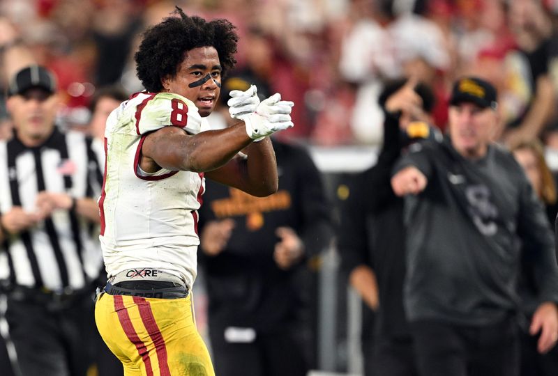 Sep 13, 2025; West Lafayette, Indiana, USA; USC Trojans wide receiver Ja'Kobi Lane (8) celebrates a first down during the second half against the Purdue Boilermakers at Ross-Ade Stadium. Mandatory Credit: Marc Lebryk-Imagn Images