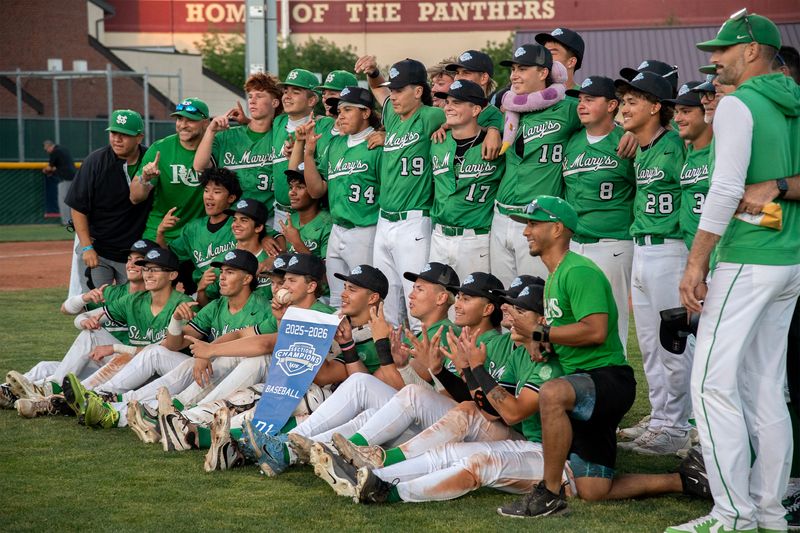 The St. Mary’s varsity baseball team pose for a team photo after defeating Franklin-Elk Grove 2-0 in the Sac-Joaquin Section Div. I baseball championship finals at Sacramento City College’s Union Stadium in Sacramento on May, 22, 2026.