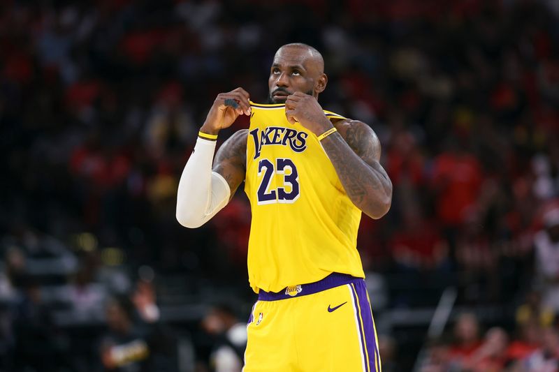 Apr 24, 2026; Houston, Texas, USA; Los Angeles Lakers forward LeBron James (23) looks up during the fourth quarter against the Houston Rockets during game three of the first round of the 2026 NBA Playoffs at Toyota Center. Mandatory Credit: Troy Taormina-Imagn Images