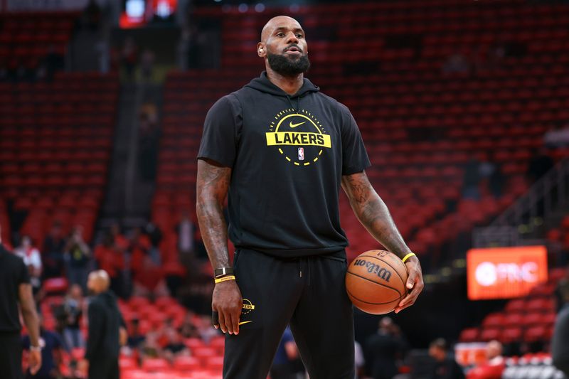 Apr 24, 2026; Houston, Texas, USA; Los Angeles Lakers forward LeBron James (23) warms up before game three of the first round of the 2026 NBA Playoffs against the Houston Rockets at Toyota Center. Mandatory Credit: Troy Taormina-Imagn Images
