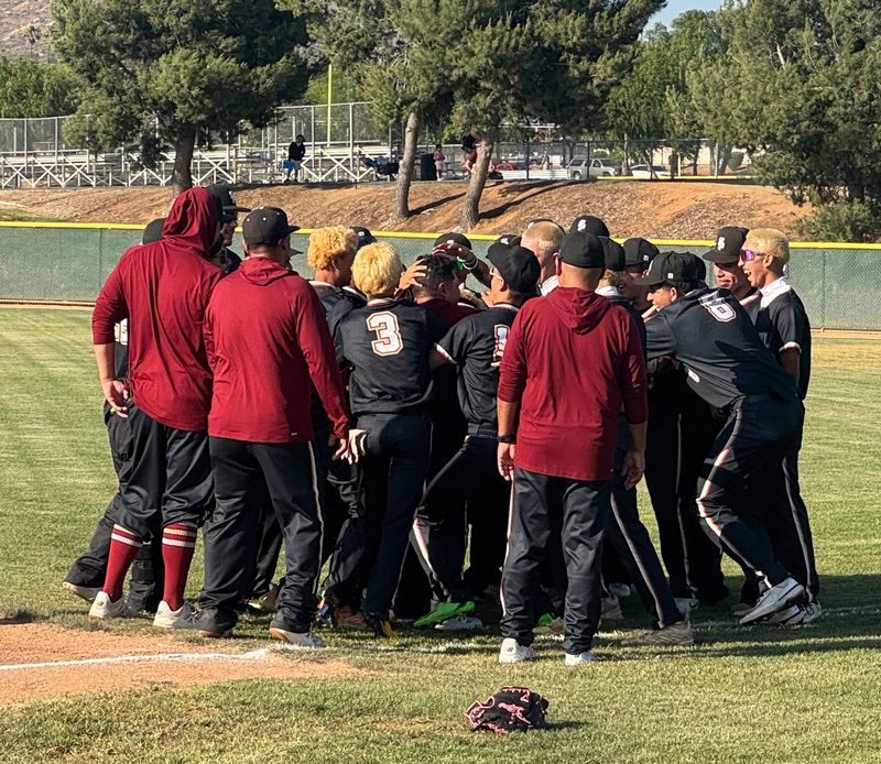 The Santa Paula High baseball team celebrates the second CIF-Southern Section semifinal berth in program history after a 7-1 win over host Jurupa Hills-Patriot on Friday, May 22, 2026.