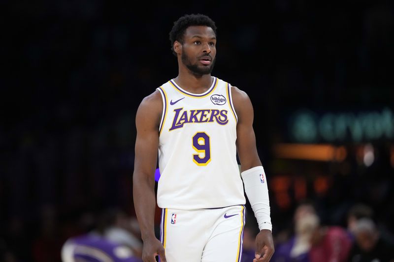 Apr 12, 2026; Los Angeles, California; Los Angeles Lakers guard Bronny James (9) reacts in the first half against the Utah Jazz at Crypto.com Arena. Mandatory Credit: Kirby Lee-Imagn Images
