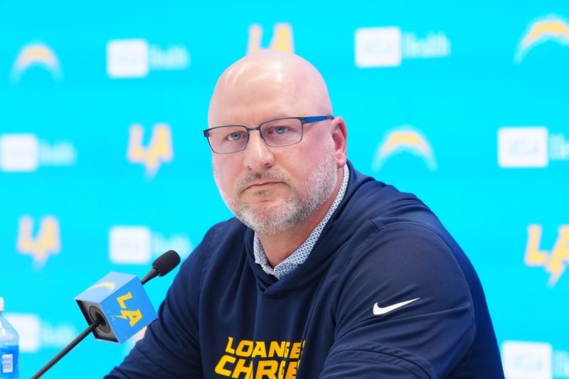 Apr 16, 2026; El Segundo, CA, USA; Los Angeles Chargers general manager Joe Hortiz speaks at press conference at The Bolt. Mandatory Credit: Kirby Lee-Imagn Images