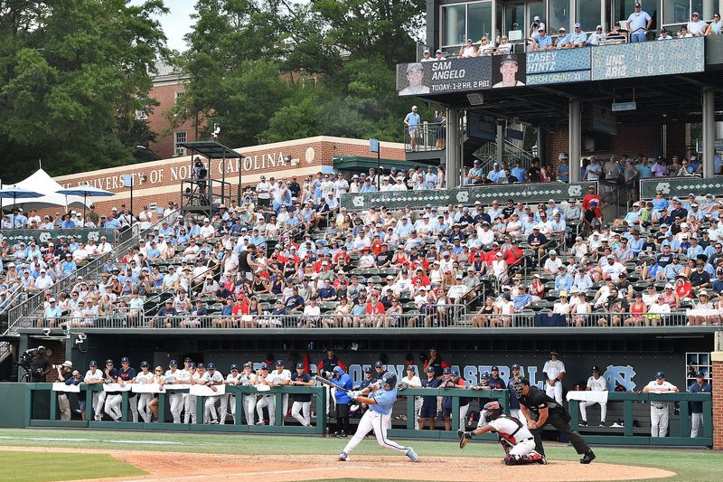 North Carolina'as Sam Angelo (23) bats in front of a sold-out Boshamer Stadium for the Super Regional with Arizona. The North Carolina Tarheels and the Arizona Wildcats met in game two of the NCAA Division 1 Super Regionals in Chapel Hill, N.C. on June 7, 2025.