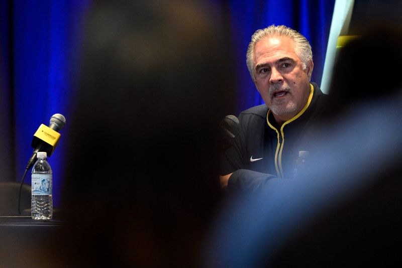 Jan 30, 2023; Indianapolis, IN, USA; Indiana Pacers president of basketball operations Kevin Pritchard speaks during an Indiana Pacers press conference at Gainsbridge Fieldhouse. Mandatory Credit: Marc Lebryk-USA TODAY Sports