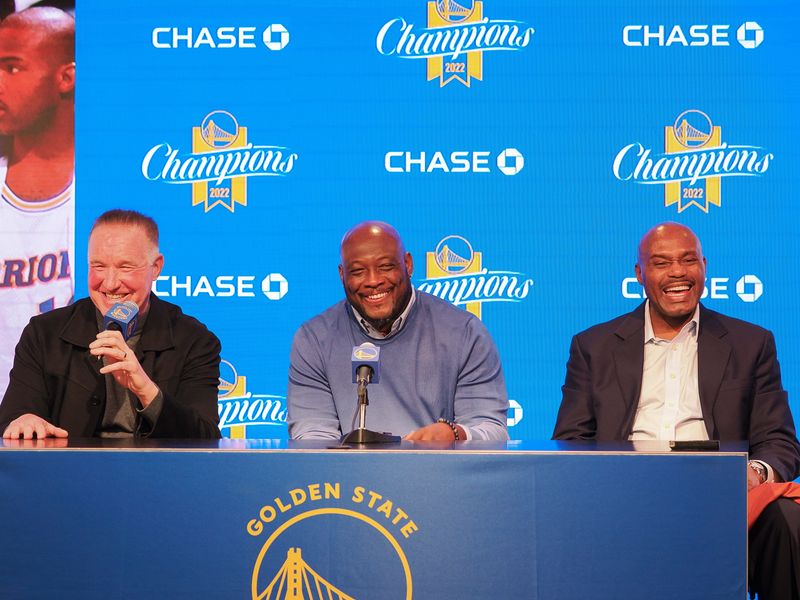 Nov 14, 2022; San Francisco, California, USA; Former Golden State Warriors players Chris Mullin, Mitch Richmond, and Tim Hardaway, collectively known as “Run TMC”, smile during a press conference before the game against the San Antonio Spurs at Chase Center. Mandatory Credit: Kelley L Cox-USA TODAY Sports