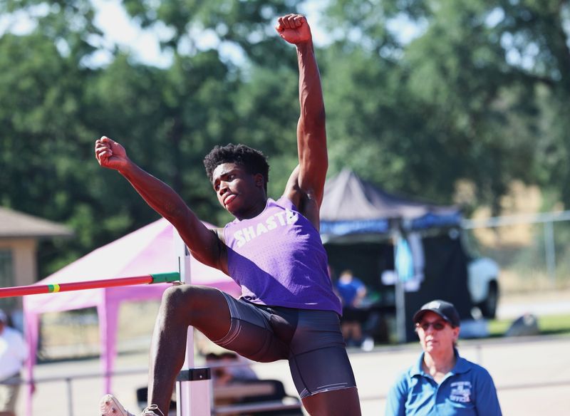 Kosi Iwualla of Shasta leaps during the high jump competition at the CIF Northern Section Finals for track and field on Friday, May 22, 2026, at West Valley High School.