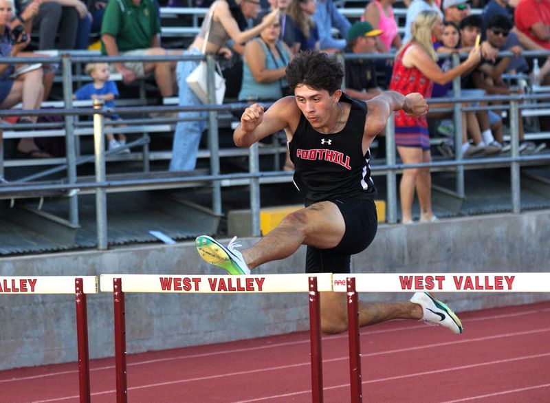 Blake Lema of Foothill approaches a hurdle in the 300m event during the CIF Northern Section Finals for track and field on Friday, May 22, 2026, at West Valley High School. Lema took first place in the event.