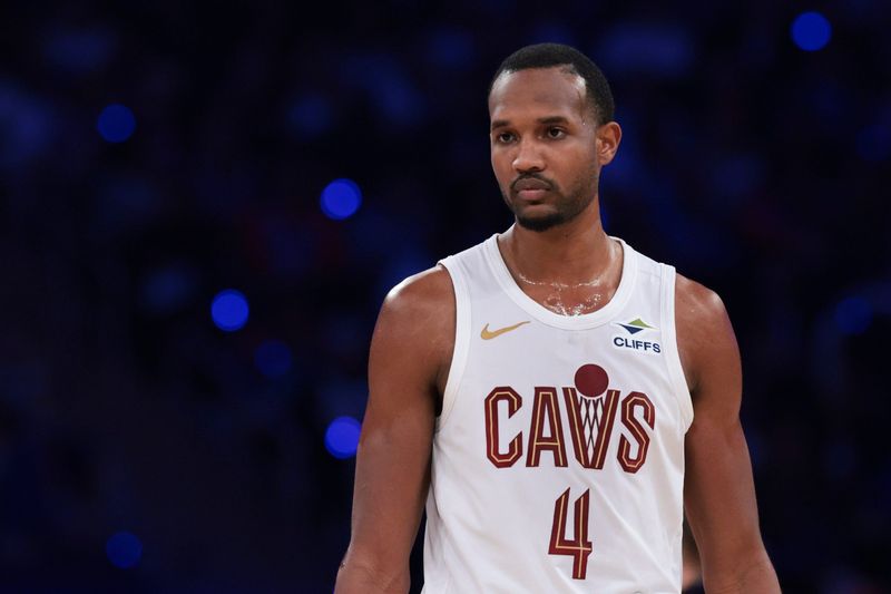 May 21, 2026; New York, New York, USA; Cleveland Cavaliers center Evan Mobley (4) reacts during the second quarter of game two of the eastern conference finals of the 2026 NBA playoffs against the New York Knicks at Madison Square Garden. Mandatory Credit: Vincent Carchietta-Imagn Images