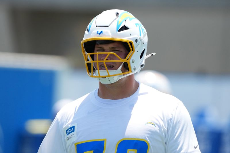 May 27, 2025; El Segundo, CA, USA; Los Angeles Chargers tackle Joe Alt (76) during organized team activities at The Bolt. Mandatory Credit: Kirby Lee-Imagn Images