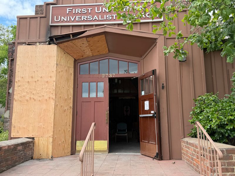 Plywood was placed in front of the First Unitarian Universalist Church of Stockton on Tuesday, May 26, 2026, after the building was partially burned in an early morning fire.