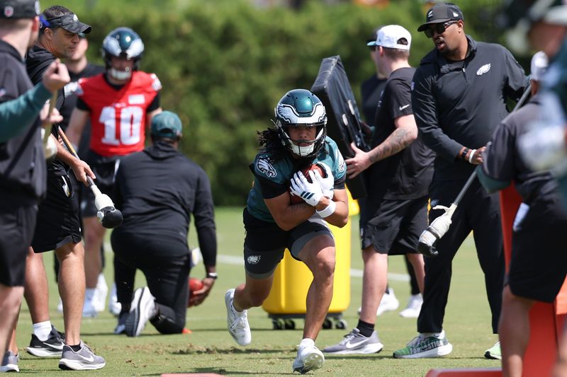 May 1, 2026; Philadelphia, PA, USA; Philadelphia Eagles wide receiver Makai Lemon (9) runs drills during rookie minicamp at NovaCare Complex. Mandatory Credit: Bill Streicher-Imagn Images