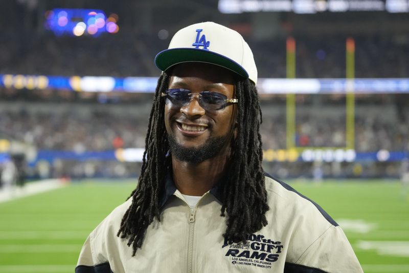 Oct 24, 2024; Inglewood, California, USA; Los Angeles Rams former running back Todd Gurley attends the game against the Minnesota Vikings at SoFi Stadium. Mandatory Credit: Kirby Lee-Imagn Images
