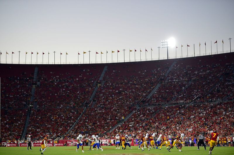 Aug 26, 2023; Los Angeles, California, USA; San Jose State Spartans quarterback Chevan Cordeiro (2) drops back to pass against the Southern California Trojans during the second half at Los Angeles Memorial Coliseum. Mandatory Credit: Gary A. Vasquez-USA TODAY Sports