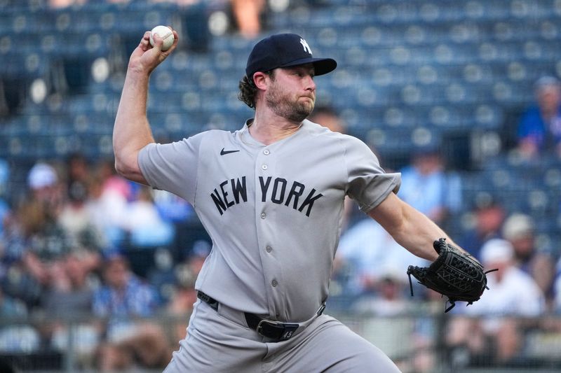 May 27, 2026; Kansas City, Missouri, USA; New York Yankees starting pitcher Gerrit Cole (45) delivers a pitch against the Kansas City Royals at Kauffman Stadium. Mandatory Credit: Denny Medley-Imagn Images