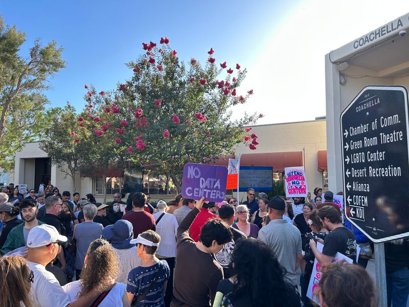 A few hundred residents protested outside Coachella City Hall on Wednesday, May 27, in opposition to a proposed data center project on the eastern side of the city.
