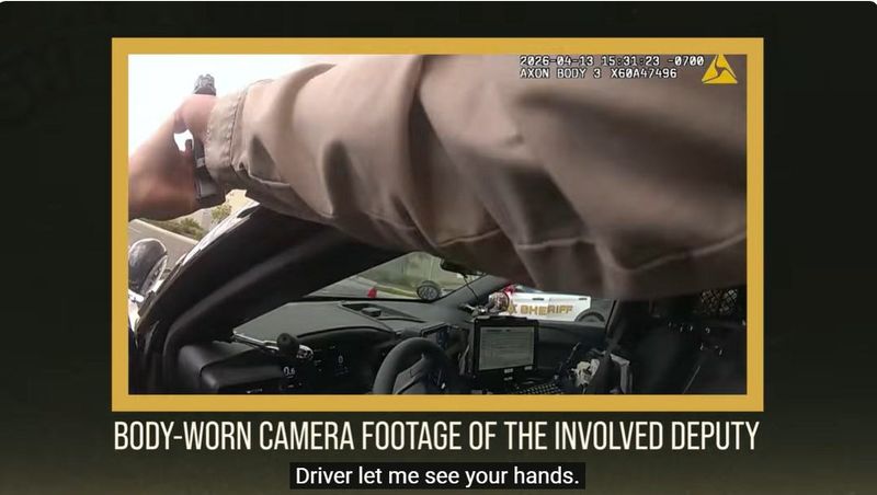 A Riverside County sheriff's deputy shouts commands just before he opens fire on a car in a screenshot from department video. Sheriff Chad Bianco said the deputy fired because the man was armed. The man died from a self-inflicted gunshot, an autopsy found.