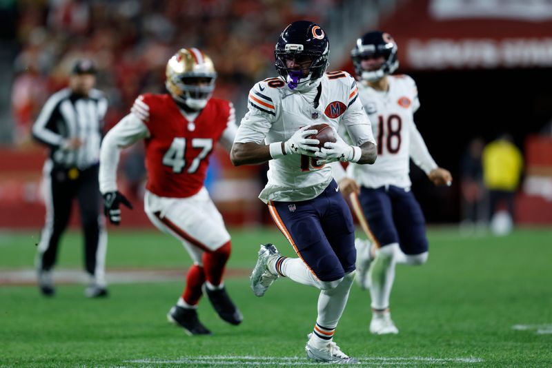 Dec 28, 2025; Santa Clara, California, USA; Chicago Bears wide receiver Luther Burden III (10) runs against the San Francisco 49ers in the second half at Levi's Stadium. Mandatory Credit: Sergio Estrada-Imagn Images