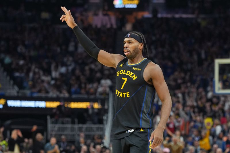 Jan 2, 2026; San Francisco, California, USA; Golden State Warriors guard Buddy Hield (7) during the second quarter against the Oklahoma City Thunder at Chase Center. Mandatory Credit: Darren Yamashita-Imagn Images