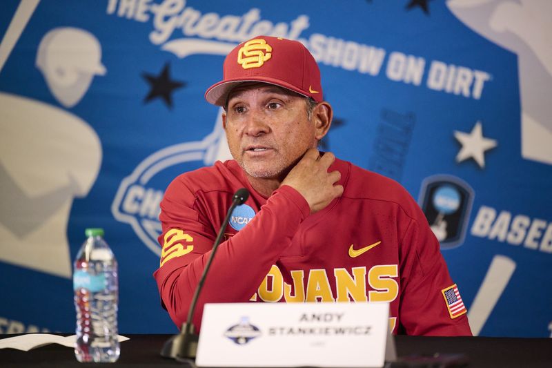 May 31, 2025; Corvallis, OR, USA; USC head coach Andy Stankiewicz takes questions after a game against Saint Mary's at the NCAA Corvallis Regional at Goss Stadium. Mandatory Credit: Troy Wayrynen-Imagn Images