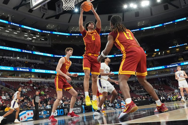Mar 11, 2026; Chicago, IL, USA; Southern California Trojans forward Jacob Cofie (6) grabs a rebound against the Washington Huskies during the first half at United Center. Mandatory Credit: David Banks-Imagn Images