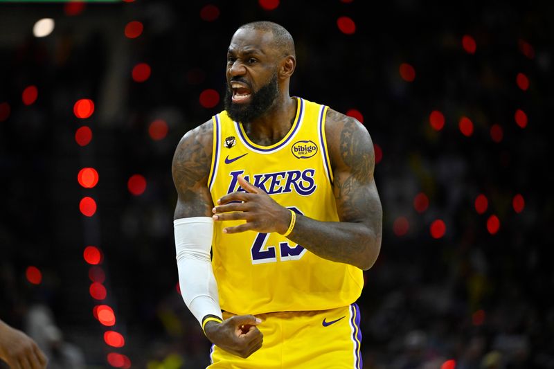 Jan 28, 2026; Cleveland, Ohio, USA; Los Angeles Lakers forward LeBron James (23) reacts in the third quarter against the Cleveland Cavaliers at Rocket Arena. Mandatory Credit: David Richard-Imagn Images