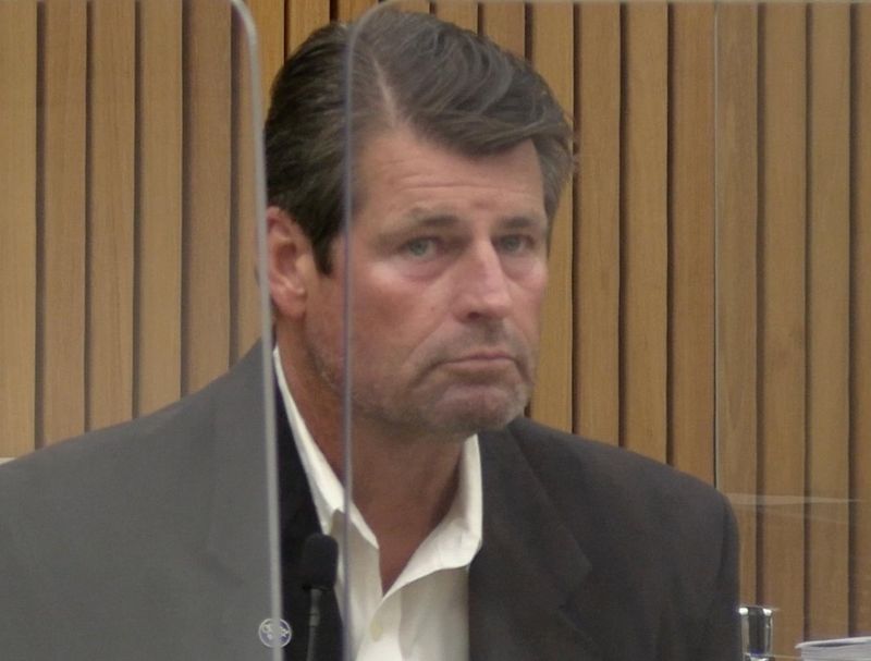 Scott Erickson, defendant in a wrongful death case, testifies in a Van Nuys courtroom on May 22, 2026.