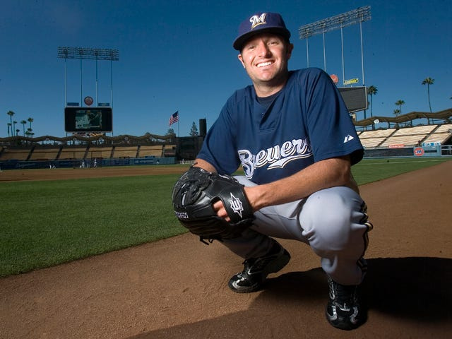 Milwaukee Brewers reliever Chris Smith, a Hesperia High School grad, poses for a photo at Dodger Stadium on August 5, 2009.