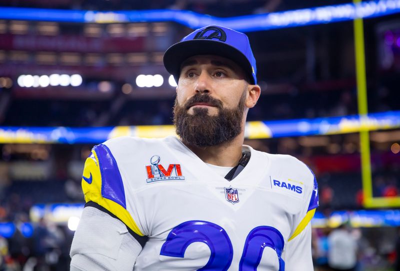 Feb 13, 2022; Inglewood, CA, USA; Los Angeles Rams safety Eric Weddle (20) against the Cincinnati Bengals in Super Bowl LVI at SoFi Stadium. Mandatory Credit: Mark J. Rebilas-USA TODAY Sports