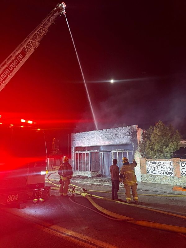 Firefighters prevented a nearby commercial structure fire from spreading to the adjacent Cross Eyed Cow Pizza restaurant on Old Route 66 in Oro Grande. The fire was reported after midnight on Saturday, May 30, 2026.