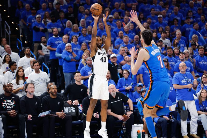 May 20, 2026; Oklahoma City, Oklahoma, USA; San Antonio Spurs forward Harrison Barnes (40) shoots as Oklahoma City Thunder center Chet Holmgren (7) defends during the second quarter during game two of the western conference finals for the 2026 NBA playoffs at Paycom Center. Mandatory Credit: Alonzo Adams-Imagn Images
