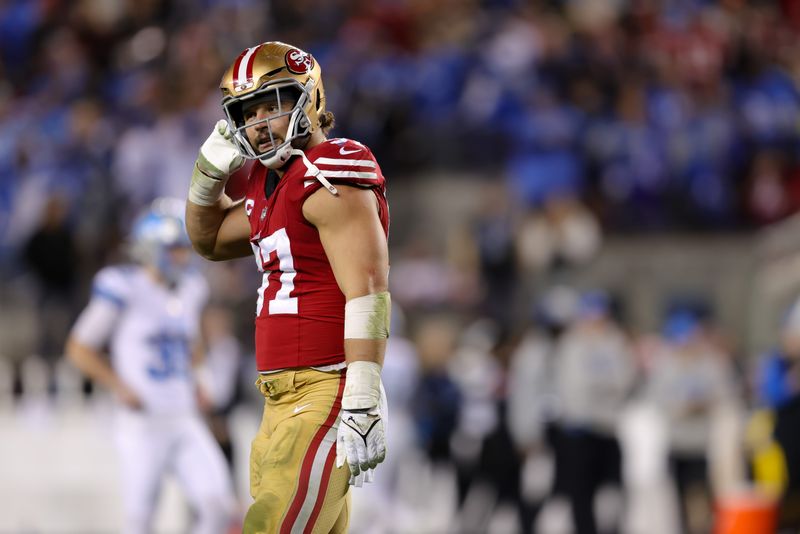 Dec 30, 2024; Santa Clara, California, USA; San Francisco 49ers defensive end Nick Bosa (97) walks off the field during the third quarter against the Detroit Lions at Levi's Stadium. Mandatory Credit: Sergio Estrada-Imagn Images