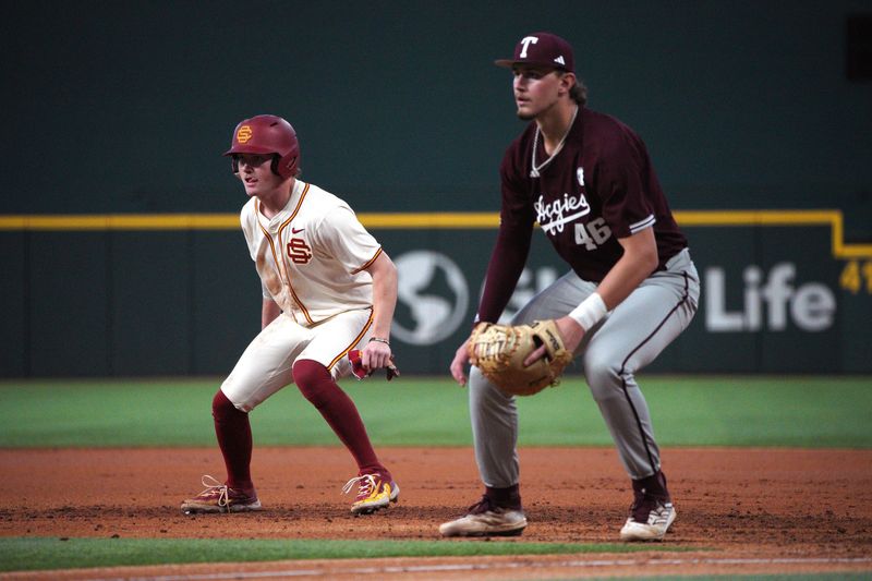 Mar 2, 2024; Arlington, TX, USA; Texas A&M Aggies compete against University of Southern California Trojans during the Kubota College Baseball Series - Weekend 3 at Globe Life Field. Mandatory Credit: Dustin Safranek-USA TODAY Sports