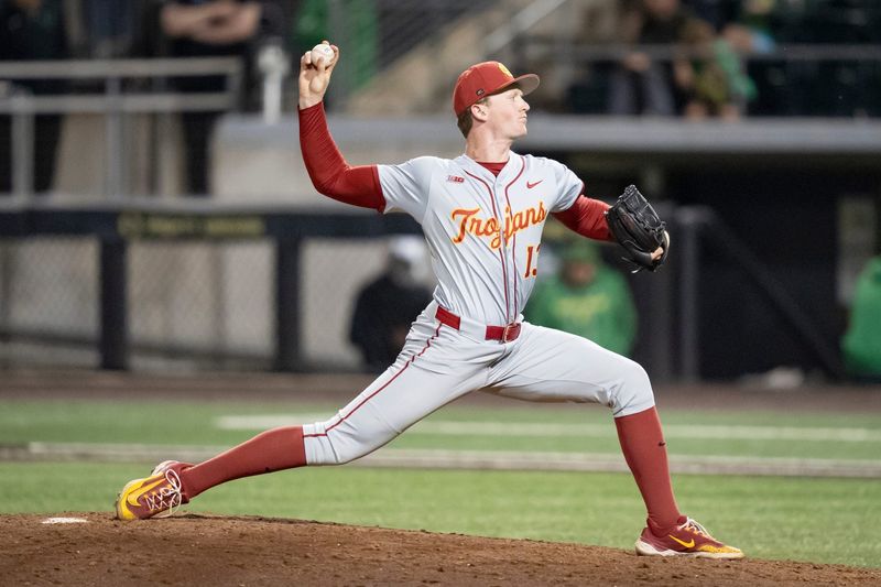 USC pitcher Andrew Johnson throws a pitch as the Oregon Ducks host the USC Trojans on May 14, 2026, in Eugene, Oregon.