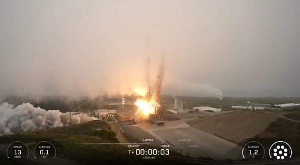 This image from SpaceX's live feed shows a Falcon 9 rocket launching May 30 from the Vandenberg Space Force Base in California to deliver Starlink internet satellites to Earth orbit.