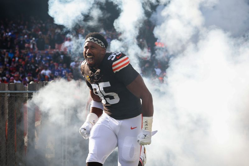 Dec 21, 2025; Cleveland, Ohio, USA; Cleveland Browns defensive end Myles Garrett (95) is introduced prior to a game against the Buffalo Bills at Huntington Bank Field. Mandatory Credit: Scott Galvin-Imagn Images