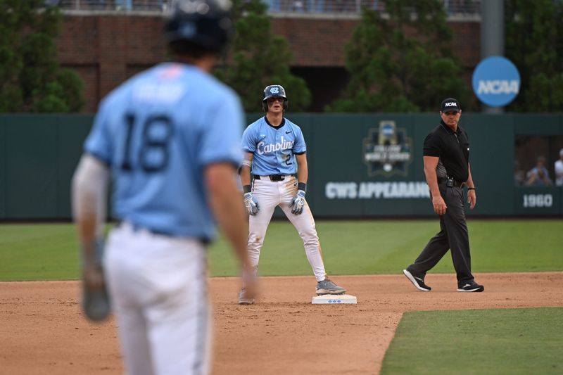May 30, 2026; Chapel Hill, NC, USA; North Carolina Tar Heels infielder Jake Schaffner (2) looks down to third after a double during game 4 of the Chapel Hill Regional at Boshamer Stadium. Mandatory Credit: William Howard-Imagn Images