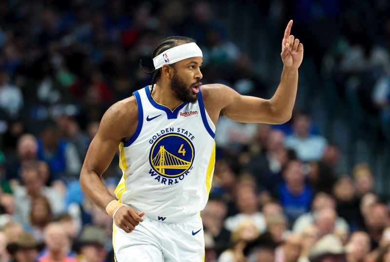 Mar 23, 2026; Dallas, Texas, USA; Golden State Warriors guard Moses Moody (4) reacts against the Dallas Mavericks during the first half at American Airlines Center. Mandatory Credit: Kevin Jairaj-Imagn Images