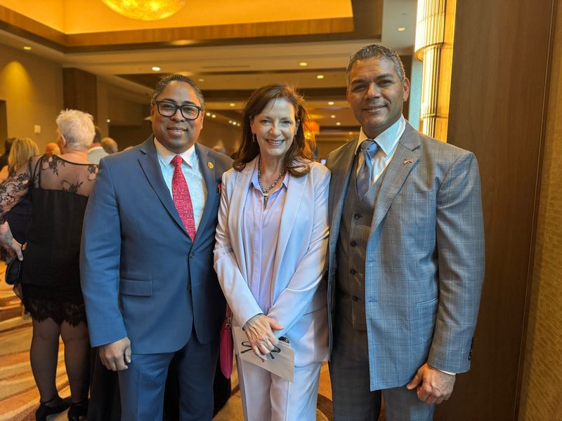 Jeff Gonzalez, Deborah McGarrey and Steve Sanchez attend the Coachella Valley Rescue Mission's "Building Hope + Changing Lives" gala on March 19, 2026.