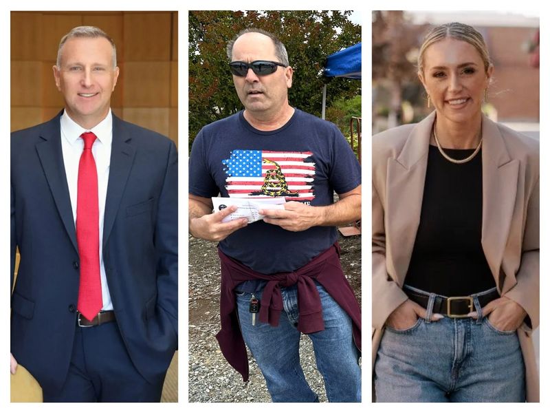 Incumbent Kevin Crye, left, faces a challenge in the Shasta County District 1 supervisor race from Richard Gallardo, center, and Erin Resner, right, on June 2, 2026.