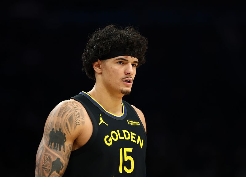 Feb 5, 2026; Phoenix, Arizona, USA; Golden State Warriors forward Gui Santos (15) against the Phoenix Suns at Mortgage Matchup Center. Mandatory Credit: Mark J. Rebilas-Imagn Images
