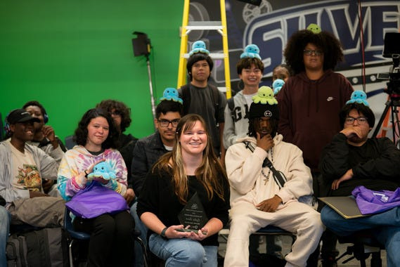 Teacher Lydia Lane with the 2026-27 Film and Broadcasting class at Silverado High School in Victorville.