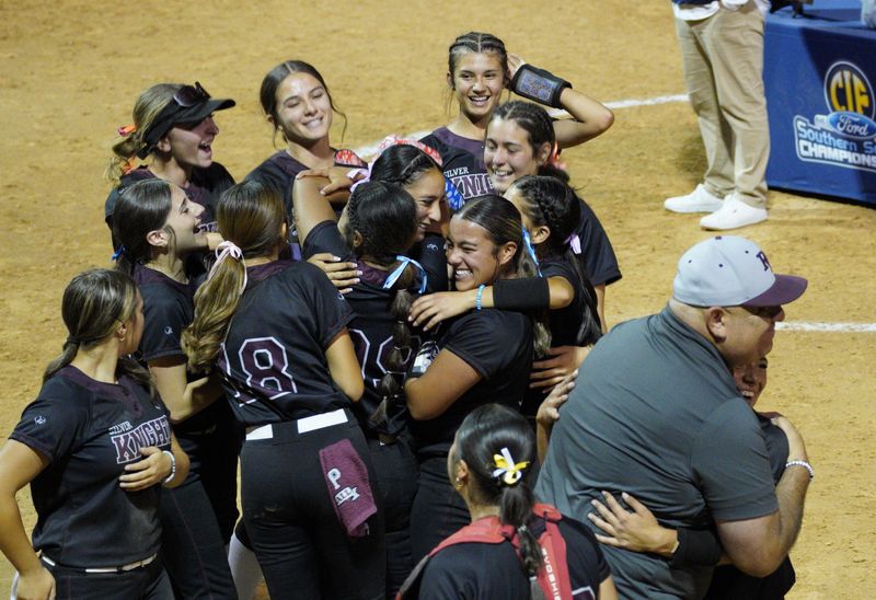 Riverside Prep players celebrate after beating Great Oak 4-3 in the CIF-Southern Section Division 3 championship game on May 30, 2026.