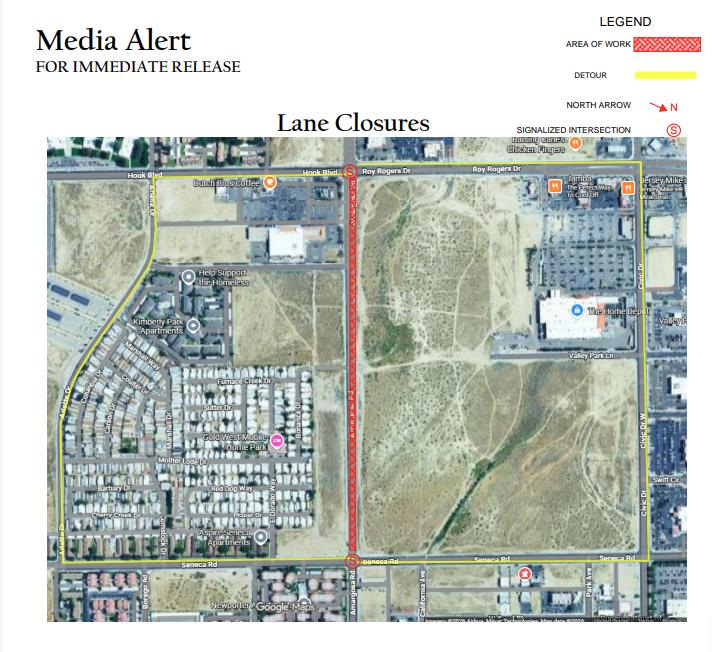Victorville map showing location of lane closures due to new utility infrastructure on Amargosa Road between Hook Boulevard and Seneca Road.